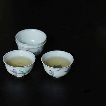 小白茶具//忘言造物愚彻青花五彩婴戏茶圆主人杯景德镇纯手工手绘