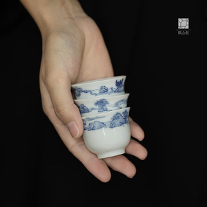 小白茶具//赋山叙青花山水留白若深杯景德镇手工手绘陶瓷茶杯客杯