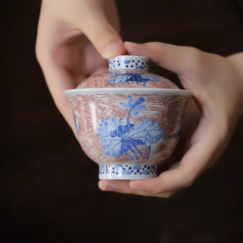 小白茶具//忘言造物青花釉里红盖碗荷塘清趣茶碗景德镇两才泡茶碗