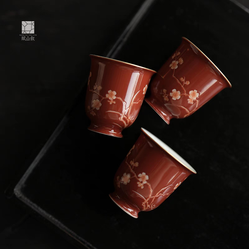 小白茶具//赋山叙红上红梅兰闻香杯景德镇手绘陶瓷主人杯品茗茶杯