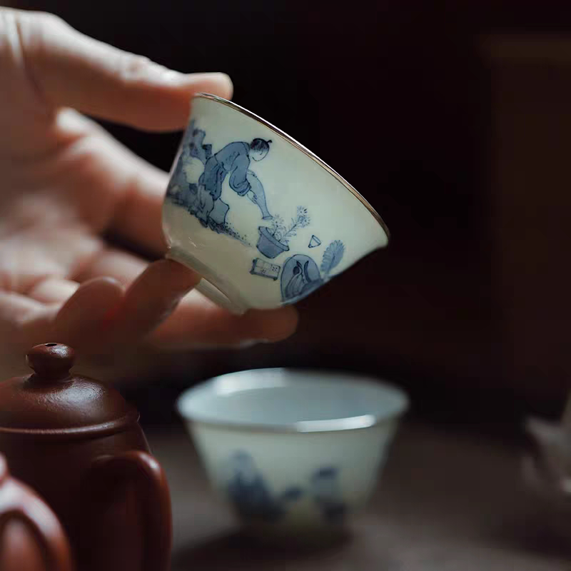 小白茶具//忘言造物清隽余味工夫茶杯纯手绘青花人物单杯薄胎茶器