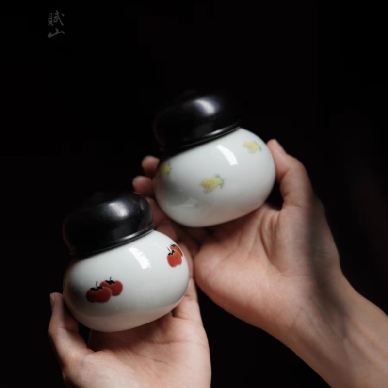 小白茶具//赋山堂小号茶叶罐便携式茶罐手绘迷你陶瓷罐木盖醒茶罐