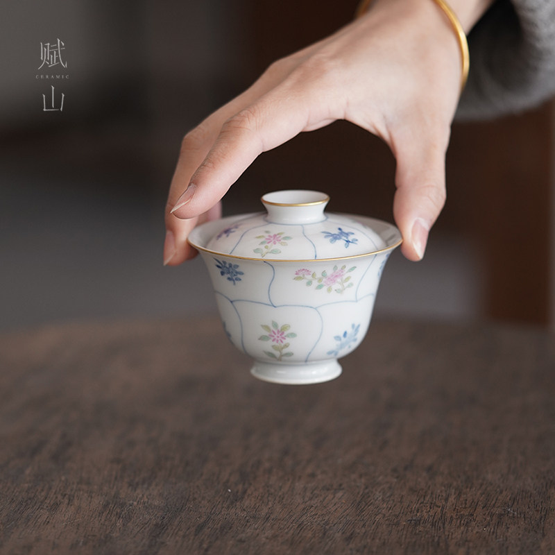 青花网纹花卉盖碗手工手绘不烫手