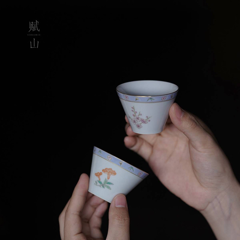 小白茶具//赋山堂云山蓝梅竹边纹花卉主人杯单杯手绘陶瓷品茗茶杯