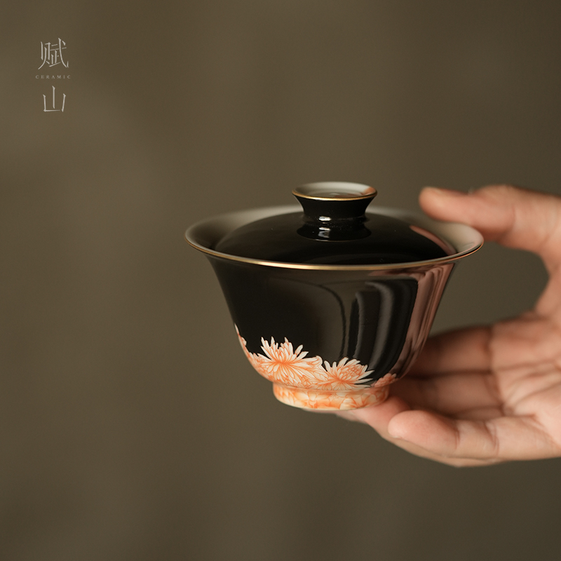 小白茶具//赋山堂黛墨矾红万花盖碗功夫岩茶泡茶碗手绘功夫茶具瓷