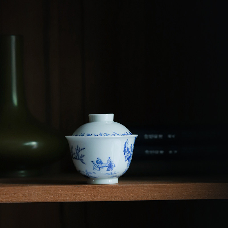 小白茶具//忘言造物青花事茗诗文茶碗景德镇手绘陶瓷120ml盖碗