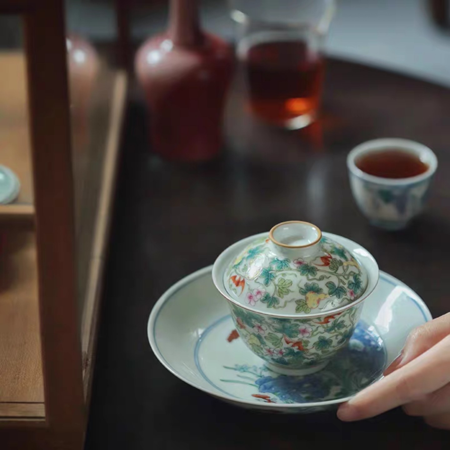 小白茶具//忘言造物清玩粉彩福寿绵长茶碗景德镇手工手绘满工盖碗