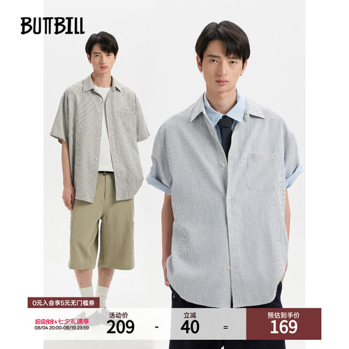 BUTTBILL格纹泡泡纱混纺短袖衬衫