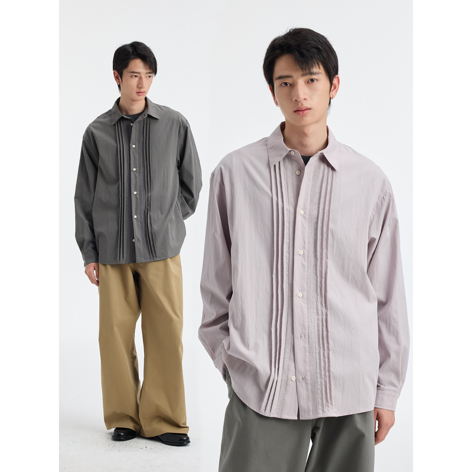 BUTTBILL 26SS莱赛尔棉锦混纺镂空花边褶裥衬衫长袖男情侣衬衣服
