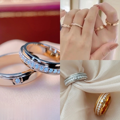 时来运转戒指合金镶钻双圈纯银镀金满天星情侣对莫桑钻戒可转动