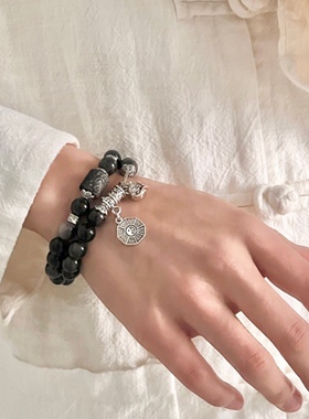 天然银曜石醒狮双圈手串新中式太极八卦手链男友生日礼物情侣手串