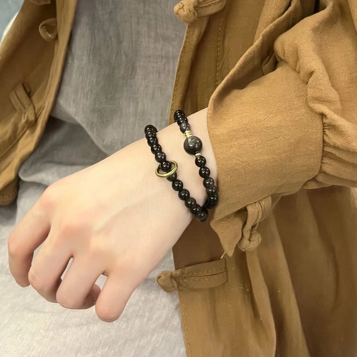 黑曜石手串银曜石情侣手链女醒狮手链