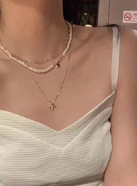 三层叠戴珍珠爱心项链女夏日轻奢小众设计感锁骨链复古ins脖颈链