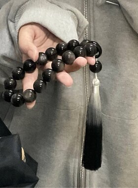 天然黑银曜石手持五行补水醒狮貔貅把玩十八子手串金曜石菩提黑色