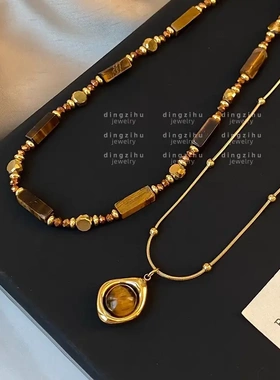 复古天然虎眼石串珠项链2024秋冬新款叠戴高级感毛衣链锁骨链颈链