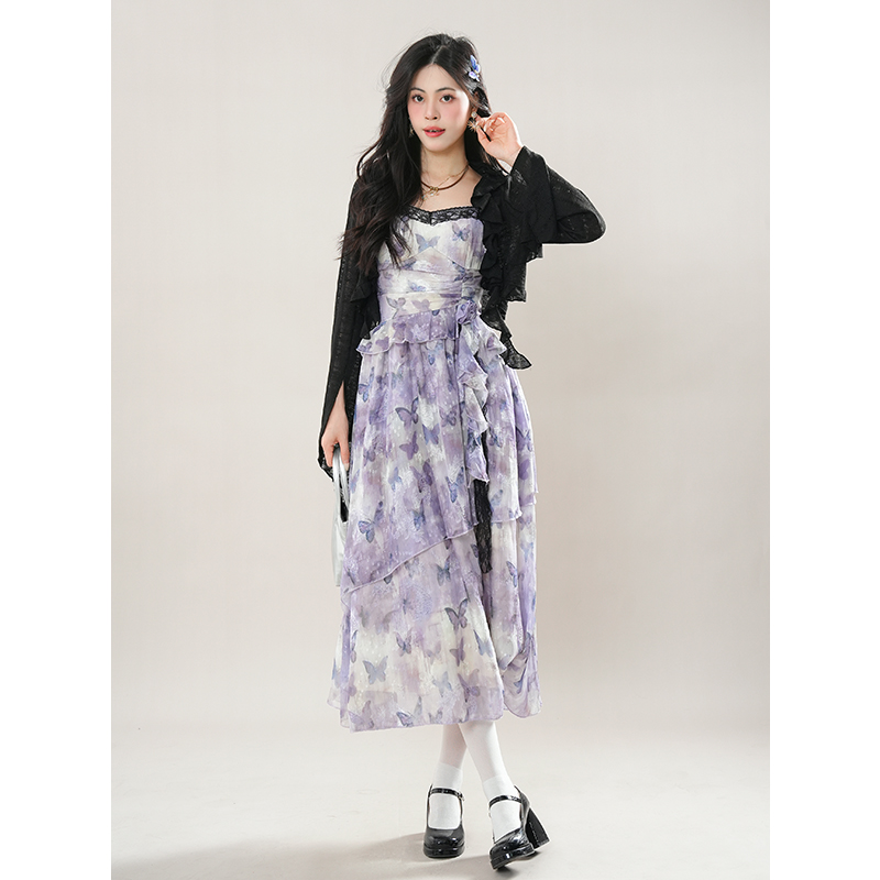 夜幕织影 软糯舒适亲肤薄款开衫遮肉短款外搭+迷雾紫蝶连衣裙套装