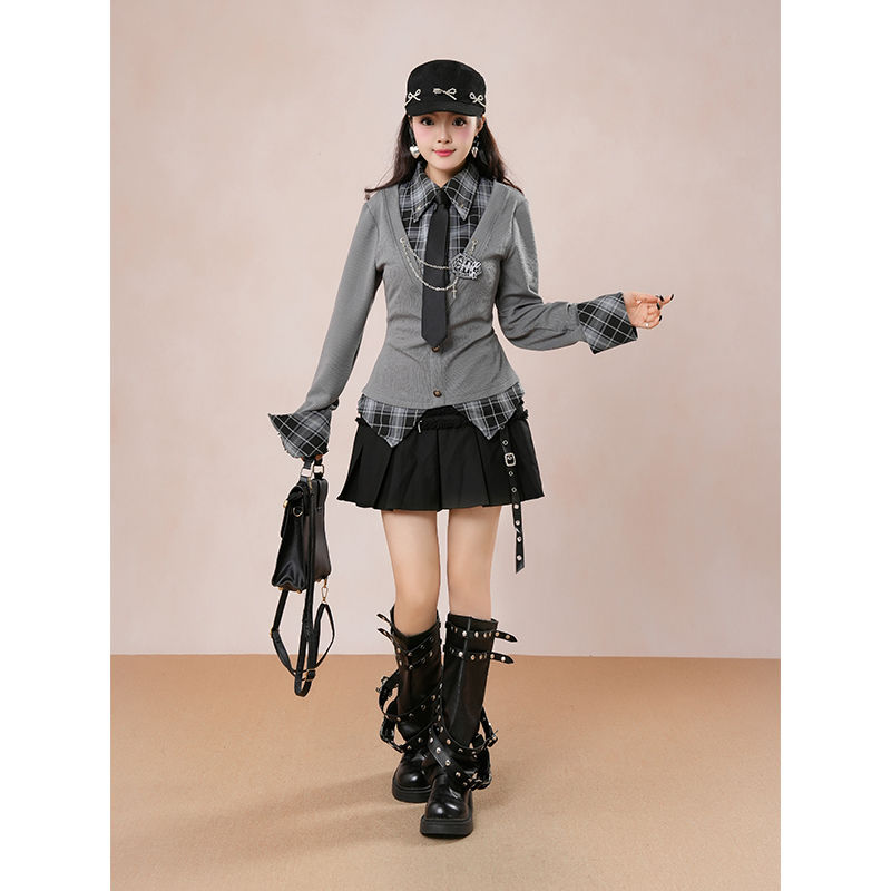 【失序札记】日系学院穿搭格纹拼接假两件收腰衬衫上衣+百褶半裙