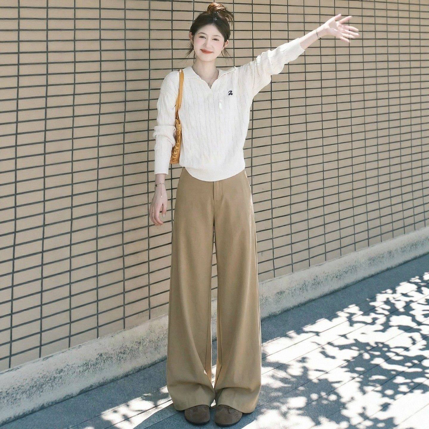 卡其色西装阔腿裤女裤子2026新款春秋高腰垂坠感韩系慵懒休闲西