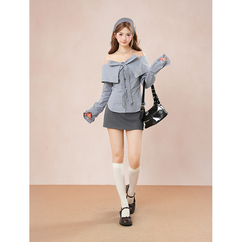 韩系温柔甜妹风套装一字肩长袖衬衫女秋季新款小众A字短裙两件套