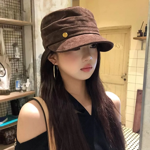 韩系麂皮绒平顶鸭舌帽子贝雷帽女秋冬复古马术帽百搭显脸小报童帽