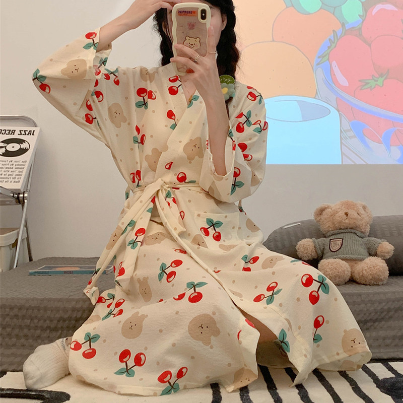 日系睡袍春秋款睡衣女九分长袖薄款棉绉浴袍中长款睡裙樱桃家居服,女士内衣/男士内衣/家居服,睡袍/浴袍,淘宝优惠券,粉丝福利购,淘宝优惠卷