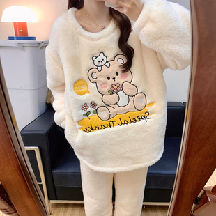 冬天加厚珊瑚绒睡衣女杏色小熊卡通可爱长毛绒保暖家居服套装冬天