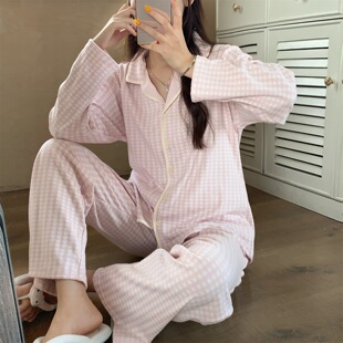 德绒睡衣女秋冬款粉格子开衫长袖长裤带双裤袋双面磨毛保暖家居服