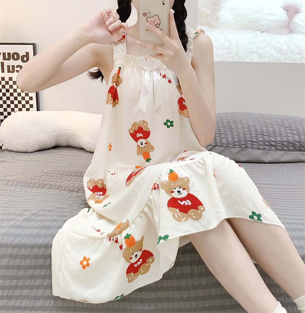 宽肩吊带睡裙女夏季木耳边甜美可爱学生红色宽松中长裙家居服睡衣