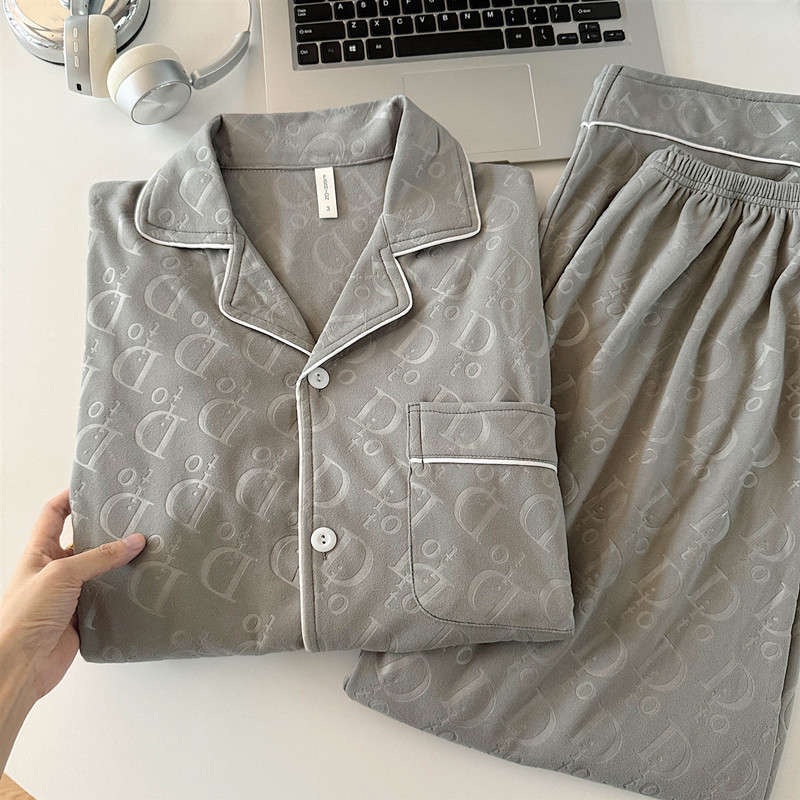 男士睡衣春秋冬季德绒保暖开衫长袖中青年加大码简约灰家居服套装