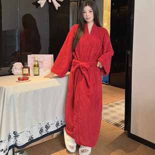 加长款睡袍女秋冬加厚雪粒绒红色喜庆结婚晨袍毛绒家居服脚踝浴袍