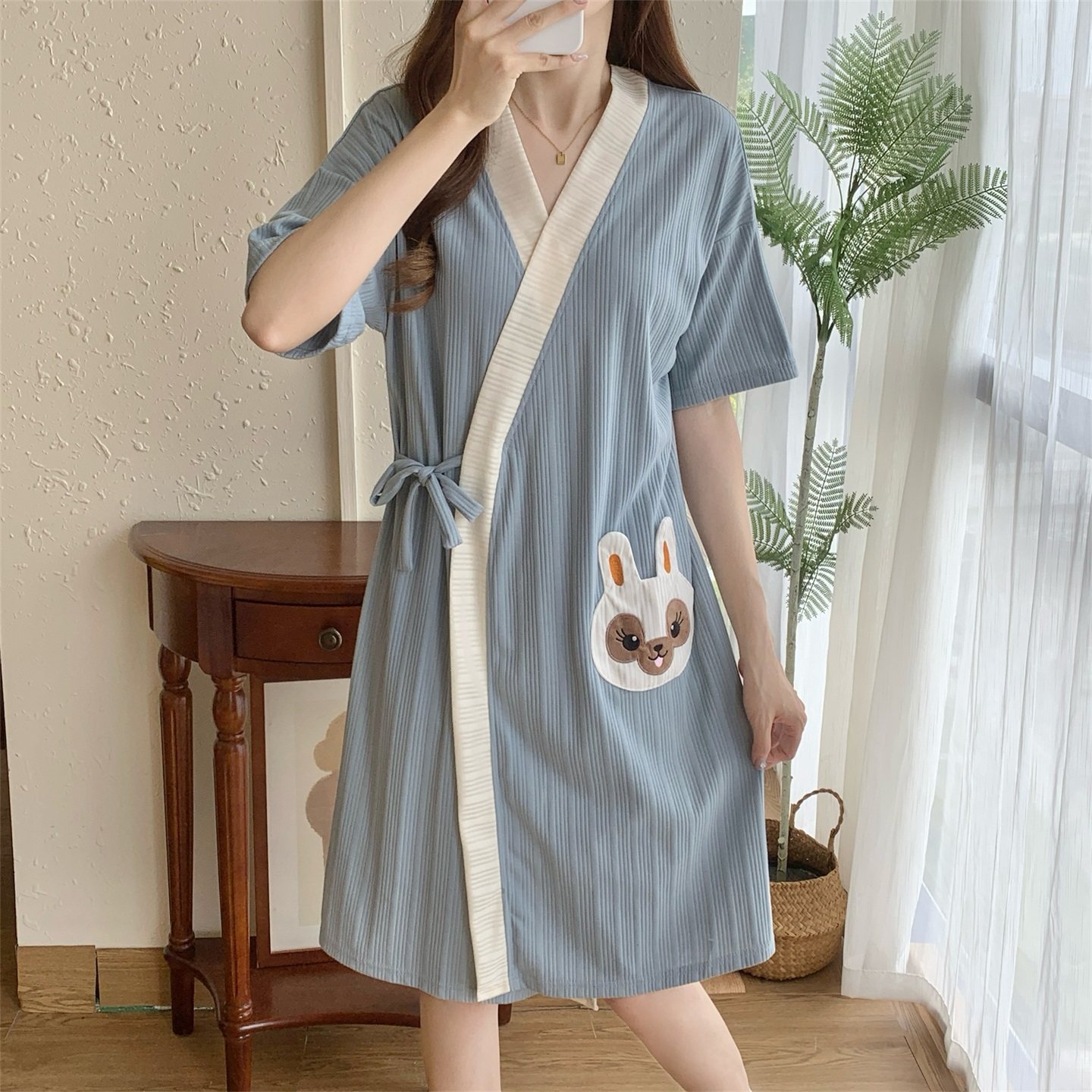 2026新款夏季和服睡袍女士短袖棉质浴袍绑带睡裙卡通蓝色家居服潮