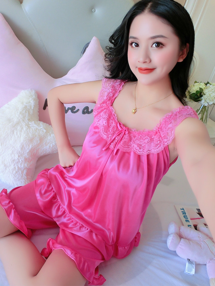 冰丝睡衣女夏天无袖背心款一字领露肩薄款蕾丝轻薄透气家居服套装