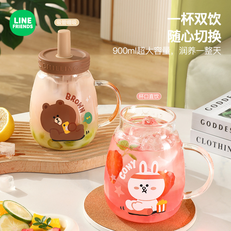 LINE FRIENDS玻璃杯茶水分离水杯大容量泡茶杯高颜值女吸管直饮杯