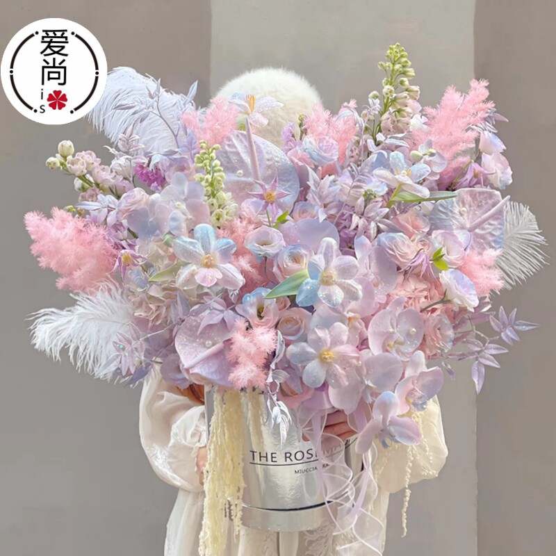 英文银色黑色抱抱桶花盒圆形鲜花包装盒花艺插花礼物盒花艺纸盒