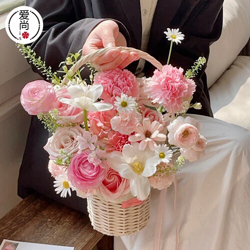 母亲节藤编手提花篮插花篮子