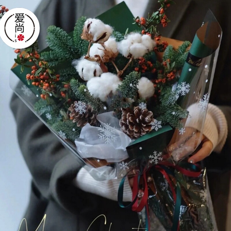 雪花图案透明加厚玻璃纸opp防水鲜花包装圣诞节花束包花纸礼品纸