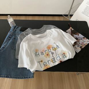 ins韩版雏菊刺绣印花纯棉短袖女松弛感减龄雪花棉T恤打底衫2026夏