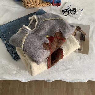 小红帽卡通提花套头毛衣女软糯保暖撞色圆领针织衫秋冬上衣