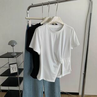 扭结开叉设计纯色T恤女夏季薄款显瘦百搭小众风韩系短袖上衣ins