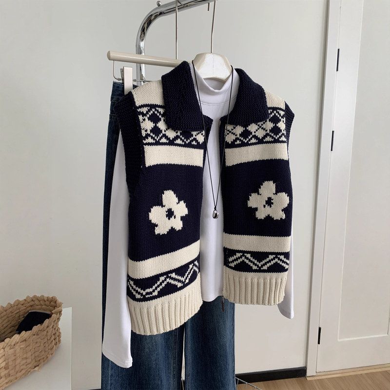 秋冬叠穿抗起球腈纶混纺提花翻领针织马甲女温柔复古拉链开衫背心