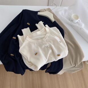 混纺空调衫 小蜜蜂刺绣圆领针织薄开衫 女2026春夏韩版