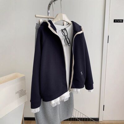 冬季显白复古加绒连帽卫衣外套女洋气百搭宽松显瘦插肩袖拉链开衫