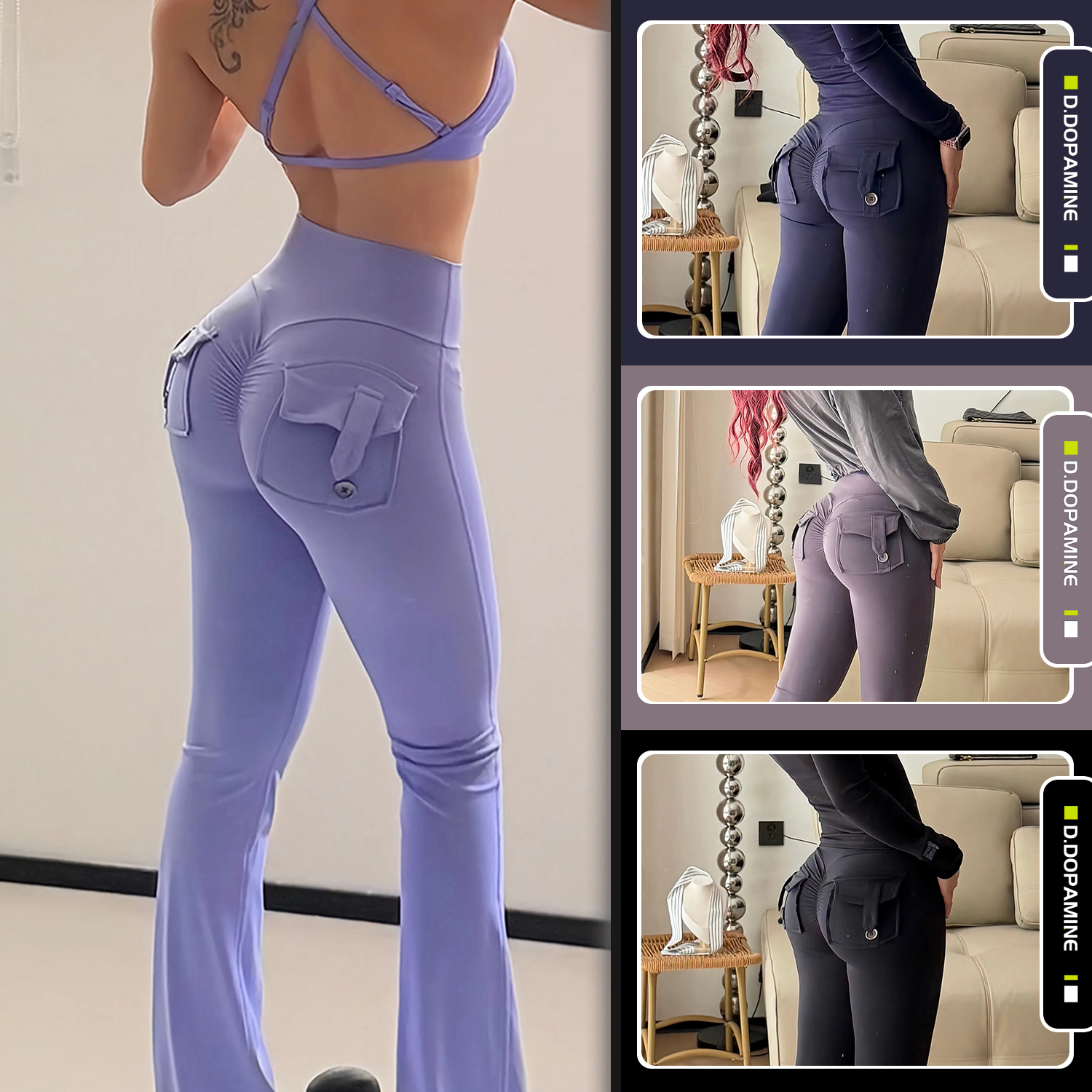 秋冬裸感工装纽扣口袋微喇高腰提臀瑜伽裤女蜜桃喇叭裤健身运动裤