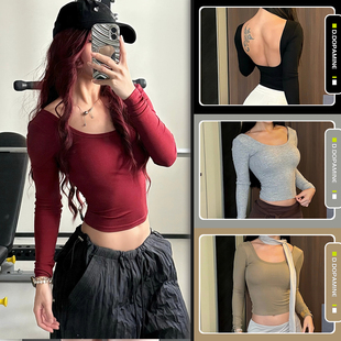莱赛尔U型美背运动长袖训练一体杯可外穿健身上衣瑜伽长袖带胸垫