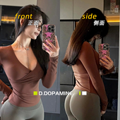 普拉提训练服外穿带胸垫 春秋瑜伽长袖 深V显瘦修身 运动健身长袖