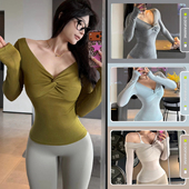 带胸垫 扭结V领打底长袖 早春低强度运动健身长袖 纯欲风显瘦修身