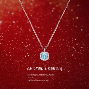 「氧气方糖」清透感冰蓝锆石999纯银轻奢小众高级项链女生日礼物