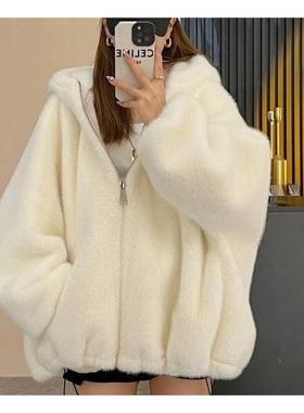 COCO LIMITED水貂毛短款皮毛一体大衣连帽环保皮草羊羔毛绒外套女