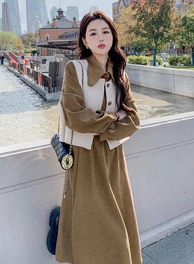 3DDZ复古灯芯绒连衣裙女秋冬新款高级感气质马甲长袖裙子两件套装