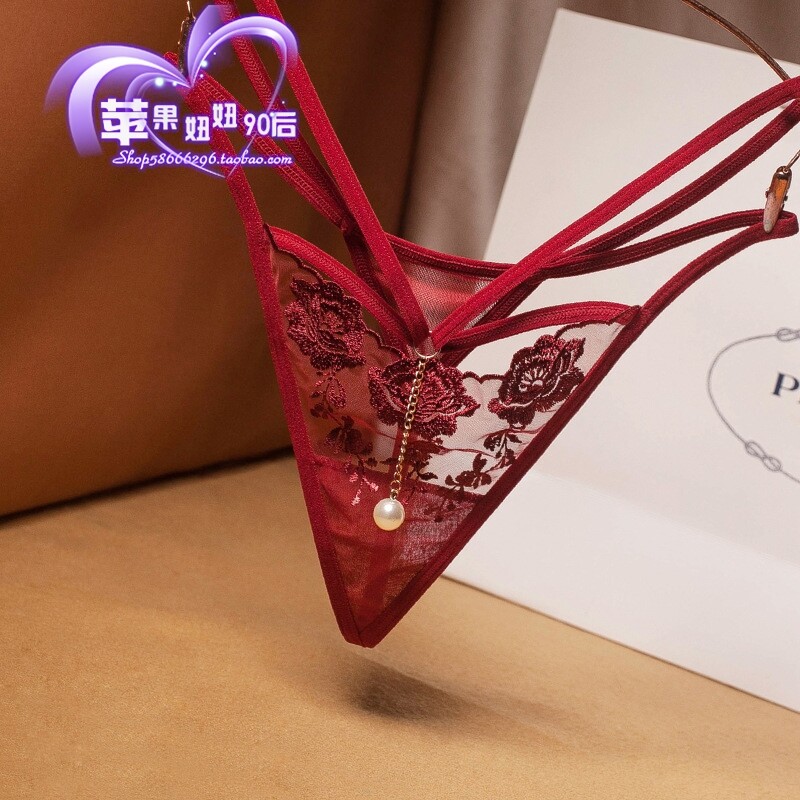 性感女t型裤丁字裤唯美刺绣镂空透视网纱蕾丝交叉带内裤 2243